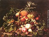 A Still Life Of A Basket Of Fruit And Roses by Johan Laurentz Jensen